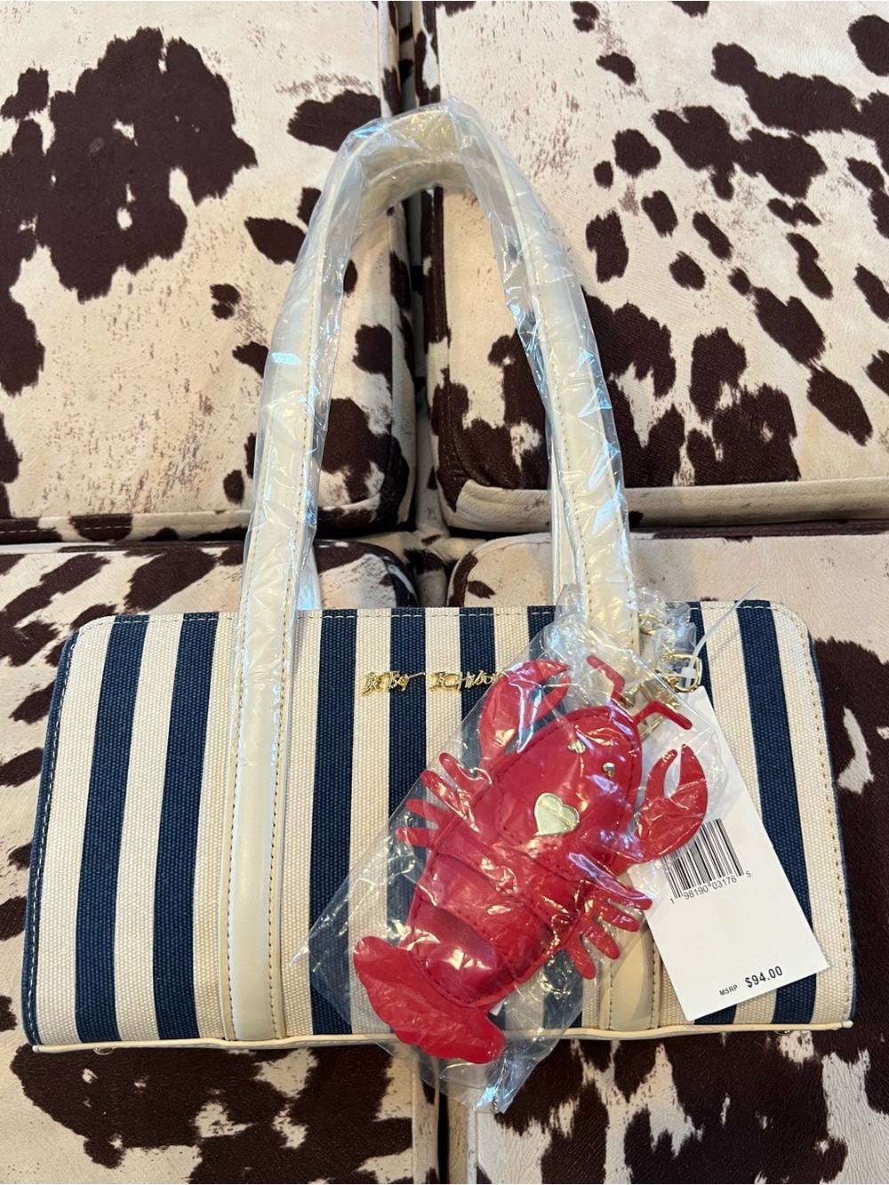 Cream & Navy Striped Shoulder Bag with Red Lobster Charm
